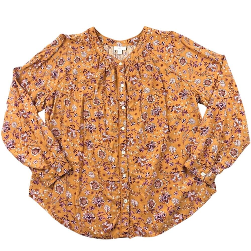 J.Jill Floral Boho Blouse Mustard Gold Viscose Button Front Peasant Top - XL